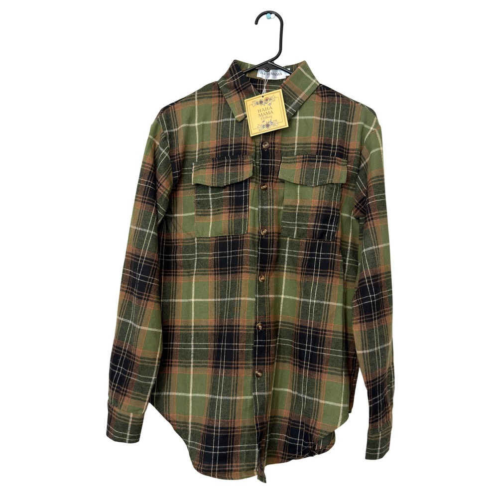 Haha Mama Plaid Button Down‎ Shirt Womens Small Green NWT Long Sleeve Flannel
